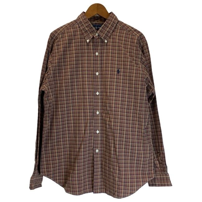 【中古】　RALPH LAUREN　チェックシャツ　長袖　トップス　ボタンダウン　ワンポイント　スモールポニー　刺しゅう　古着　/1552