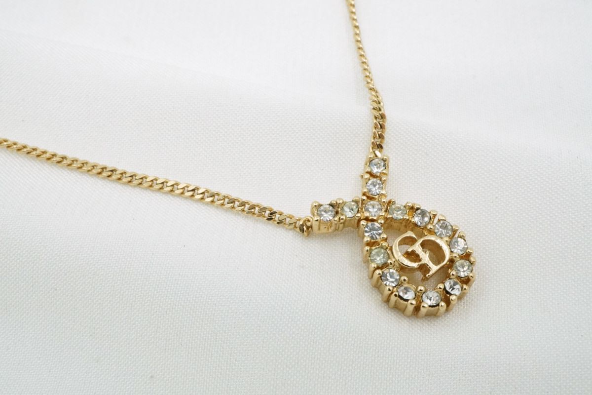 クリスチャン ディオール ヴィンテージ CDロゴ ネックレス ラインストーン ペンダント アクセサリー 金 ゴールド Christian Dior 6622j