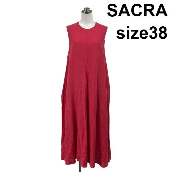◇ サクラ SACRA ワンピース ノースリーブ マキシ丈 クルーネック Aライン センターライン フレア 赤 麻 38 M 9号 レディース S6E522