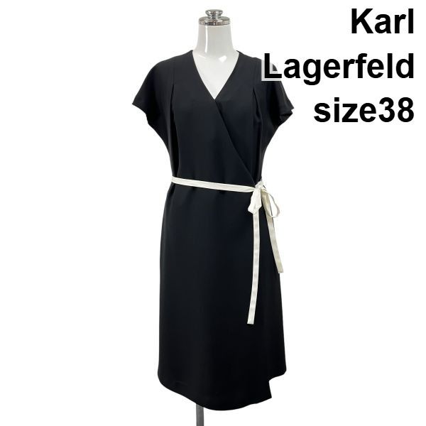 □ カールラガーフェルド Karl Lagerfeld カシュクールワンピース ひざ丈 半袖 Vネック フレンチスリーブ 黒 38 M 9号 レディース S6E526
