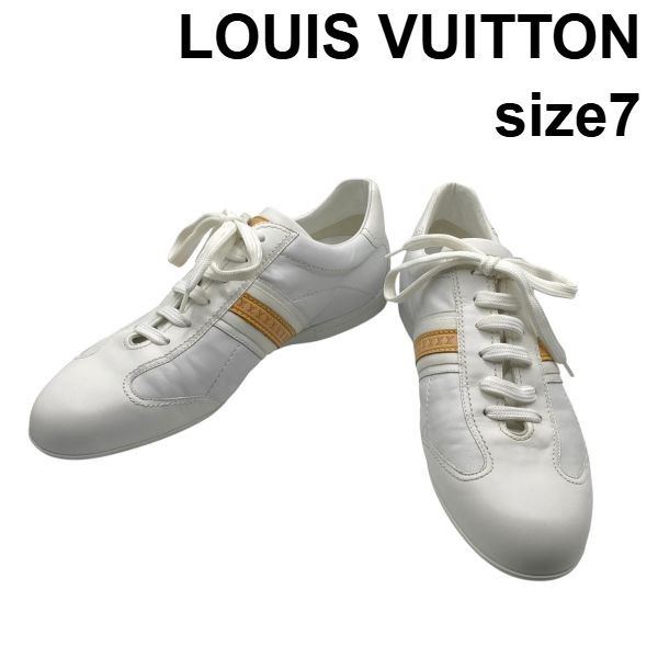 ● ルイヴィトン LOUIS VUITTON ローカットスニーカー フットウェア モノグラム柄 LVロゴライン 切替 白 茶 レザー 7 約26cm メンズ 6D271