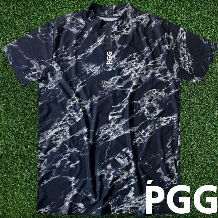 PGG by PEARLY GATES パーリーゲイツ ゴルフ GINZA SIX限定 MFYワッフル ブラックマーブル ストレッチ モックネック 半袖 Tシャツ インナーシャツ ゴルフウェア 268-3267657 定価2.6万 ▲028▼60525w07