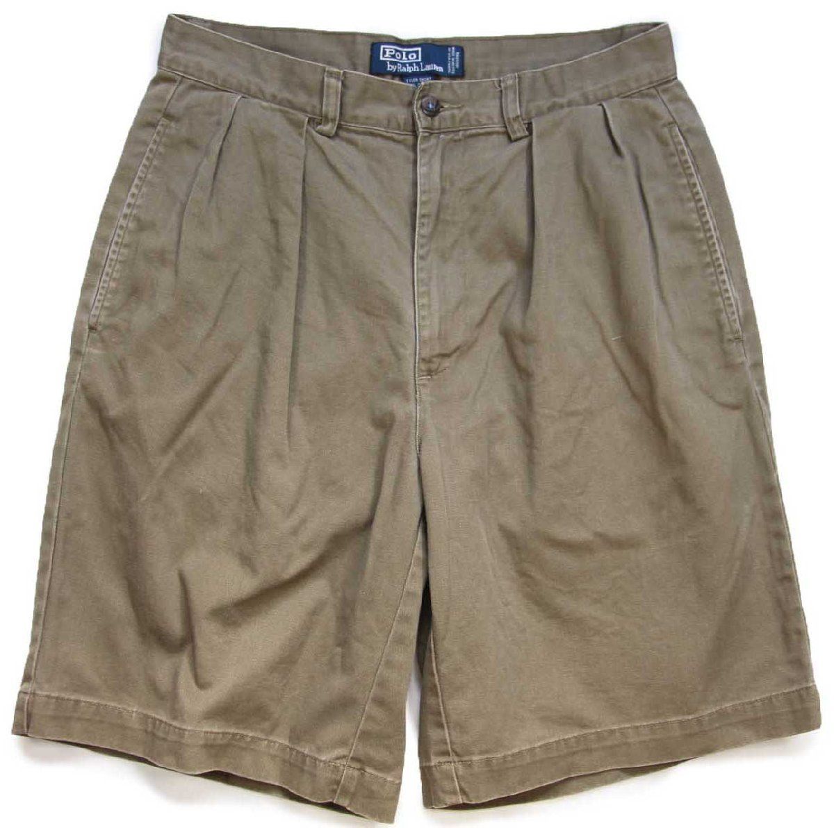 90s メキシコ製 ポロ ラルフローレン TYLER SHORT ツータック コットン チノ ショートパンツ グリーングレー W30★136 ショーツ ハーフ