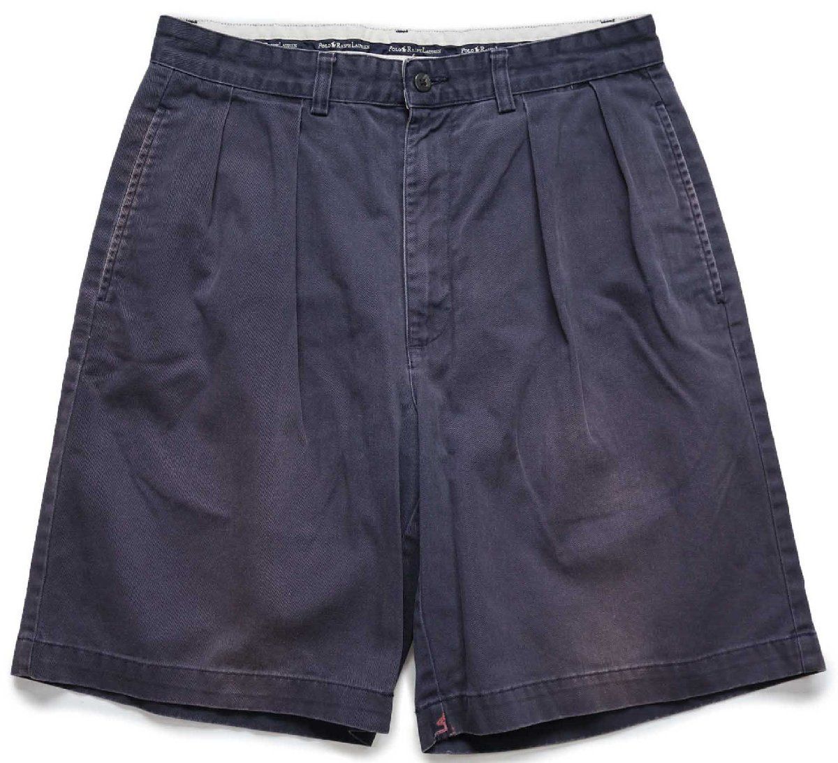 90s メキシコ製 ポロ ラルフローレン TYLER SHORT ツータック コットン チノ ショートパンツ ナス紺 フェード W32★143 ショーツ ハーフ