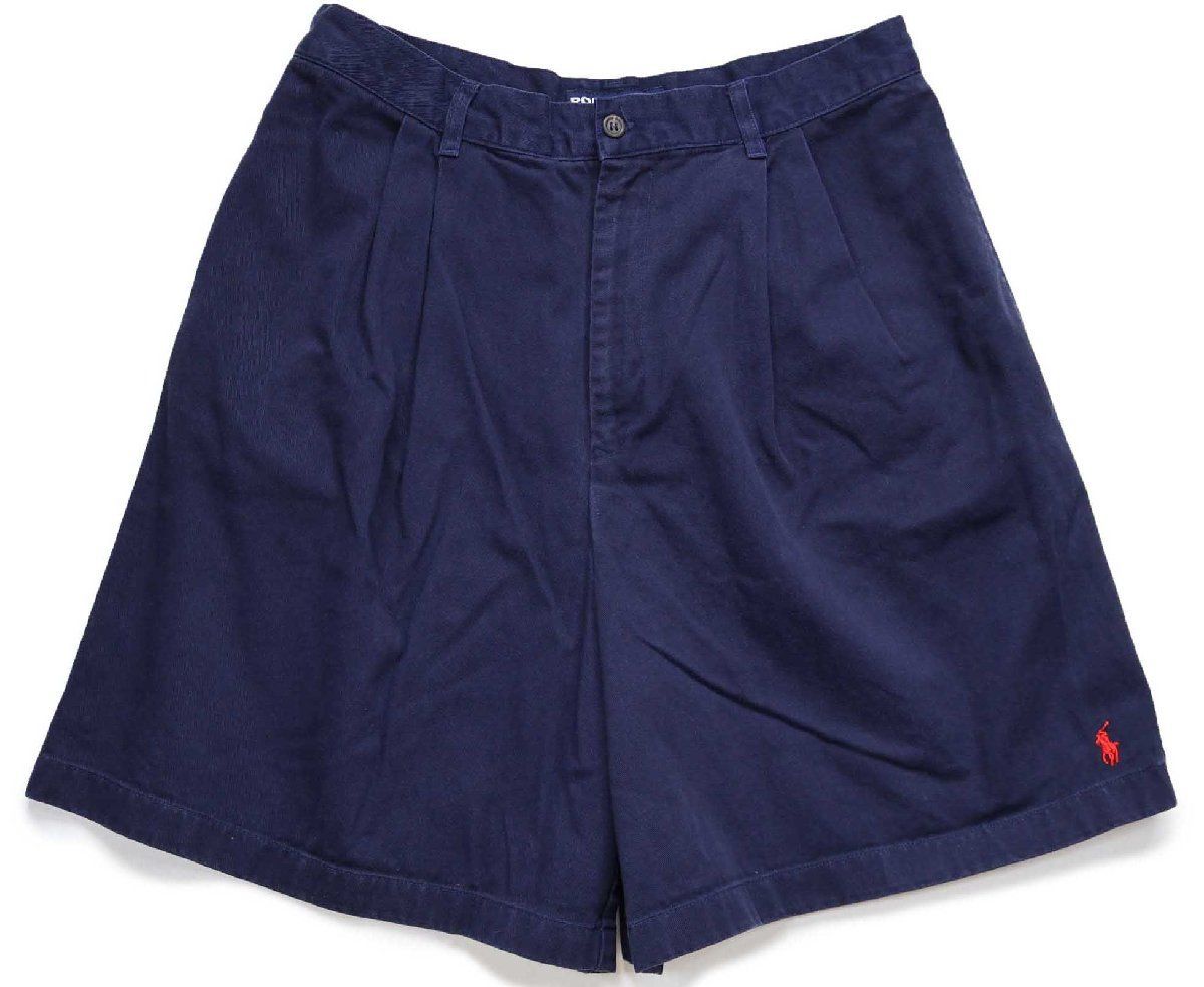 90s POLO SPORT ポロ スポーツ ラルフローレン ワンポイント ツータック コットン ショートパンツ 紺 12★ショーツ ハーフ キュロット