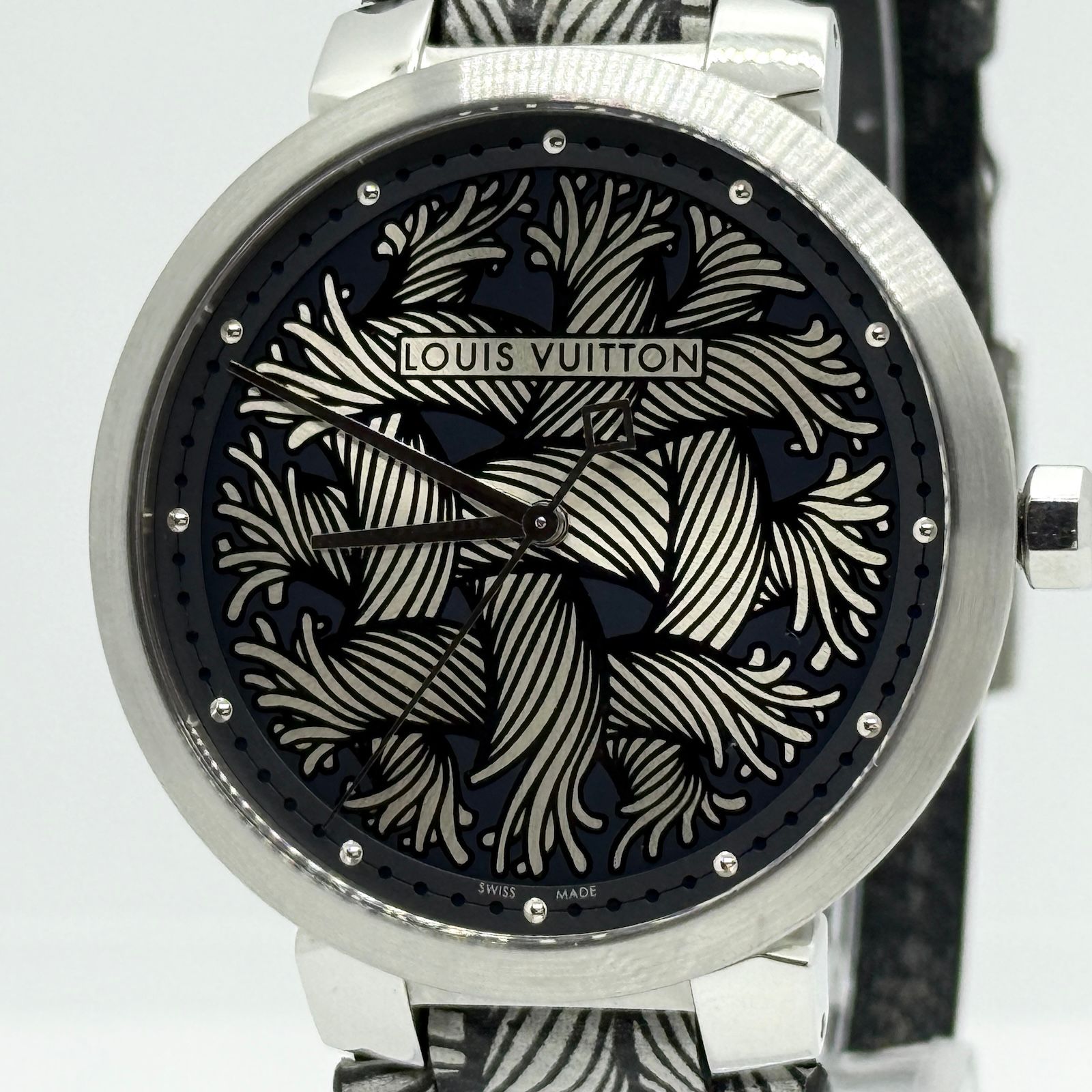 LOUIS VUITTON ルイ・ヴィトン ダミエ モノグラフ ロープ タンブール Q1D05 ブラック QZ メンズ 腕時計 稼働品
