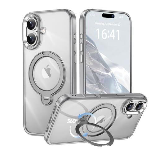 ☆新品☆【透き通る上質感・多機能360°回転スタンド】KMAMBNG iPhone 16 用 ケース Magsafe対応【耐衝撃・金属感・真空メッキ・黄変防止・ストラップホール付き】縦横両立 角度自在 調整可能 磁吸機能でワイヤレス充電対応 0c932ce8
