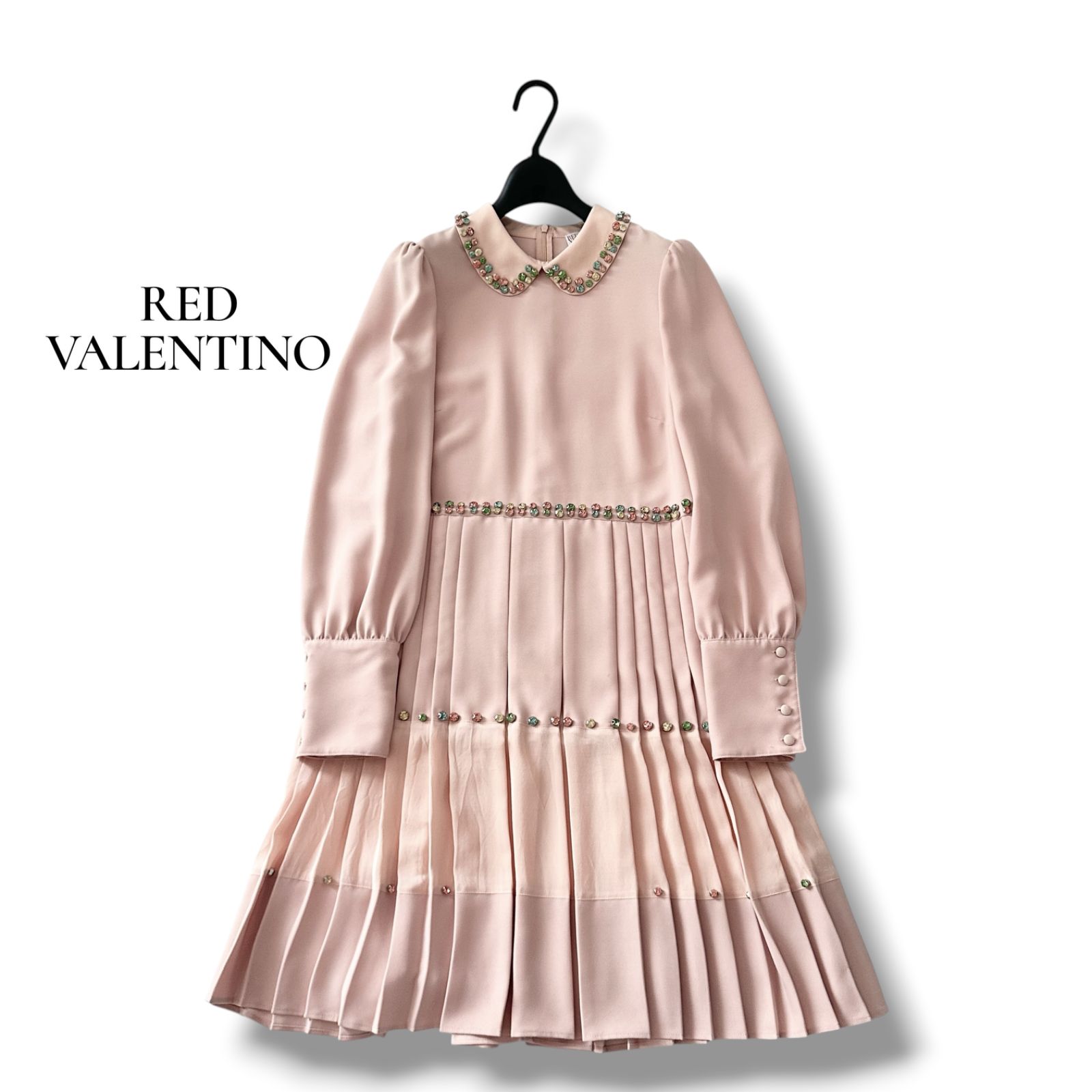 レッドヴァレンティノ RED VALENTINO プリーツ ワンピース 襟付き ビジュー ピンク 42 XL ドレス 近年モデル 6MY064 8,400円
