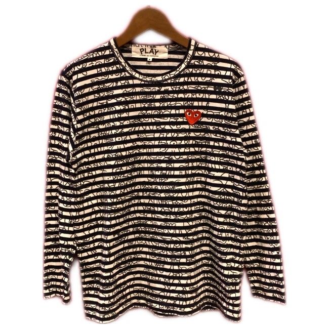 【中古】　PLAY COMME des GARCONS　ロンT　長袖　カットソー　トップス　クルーネック　ボーダー　総柄　プリント　ワンポイント　ブランドロゴ　ハート柄　ワッペン　AD2009　日本製　ドメスティック　古着　/2496