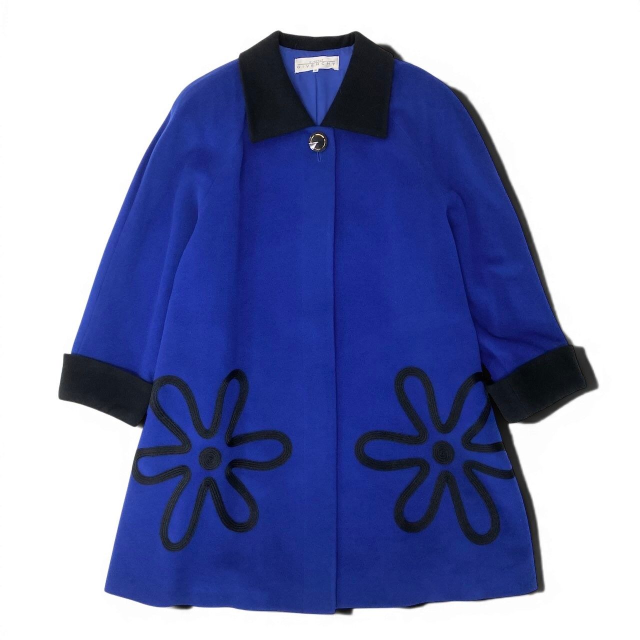 GIVENCHY ジバンシー ドローコード 中綿 フーデッドコート 42 ブルー 48e28 GIVENCHY ジバンシー ステンカラーコート ウールコート 花柄刺繡