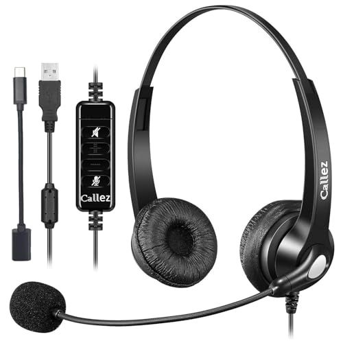 Callez ヘッドセットUSB接続 ノイズキャンセリングマイク付き 両耳 有線ヘッドセット Type-C PC用ヘッドホン ミュート機能と音量調節付き タイプc接続 スマホ Mac PC対応 Skype Zoom Web会議 テレワーク オンライン会議 ｍａ