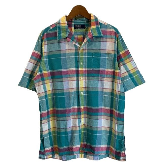 【中古】　POLO by RALPH LAUREN　チェックシャツ　半袖　トップス　オープンカラー　胸ポケット　古着　/1122