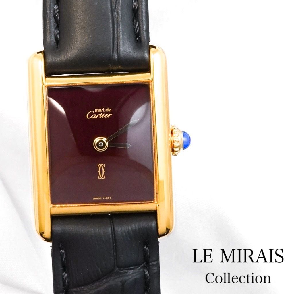 【仕上済】カルティエ マストタンク SM 手巻き ワインレッド文字盤 ゴールド レディース 腕時計 CARTIER 時計