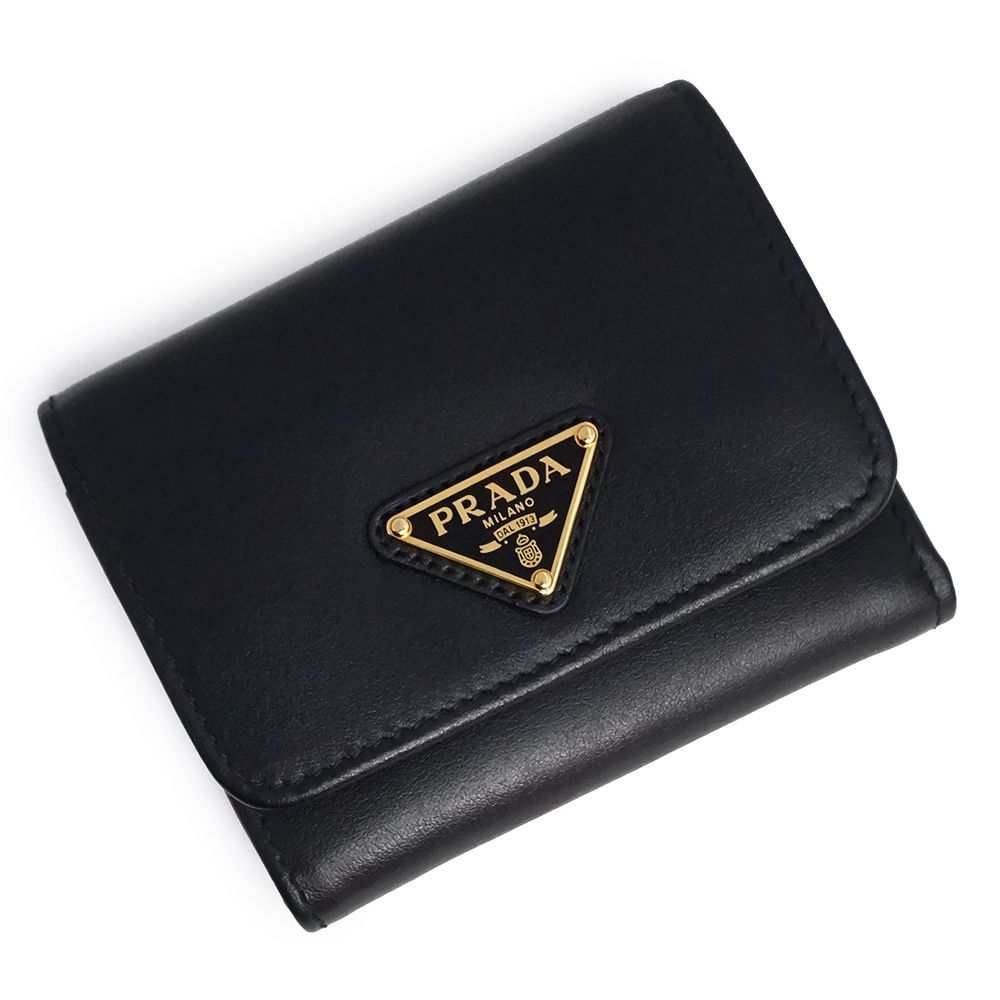 現行◆未使用◆PRADA 1MH043 三つ折り財布 三角プレート 黒 ゴールド プラダ 1MH043 トライアングル 三角ロゴプレート シティカーフ ネロ
