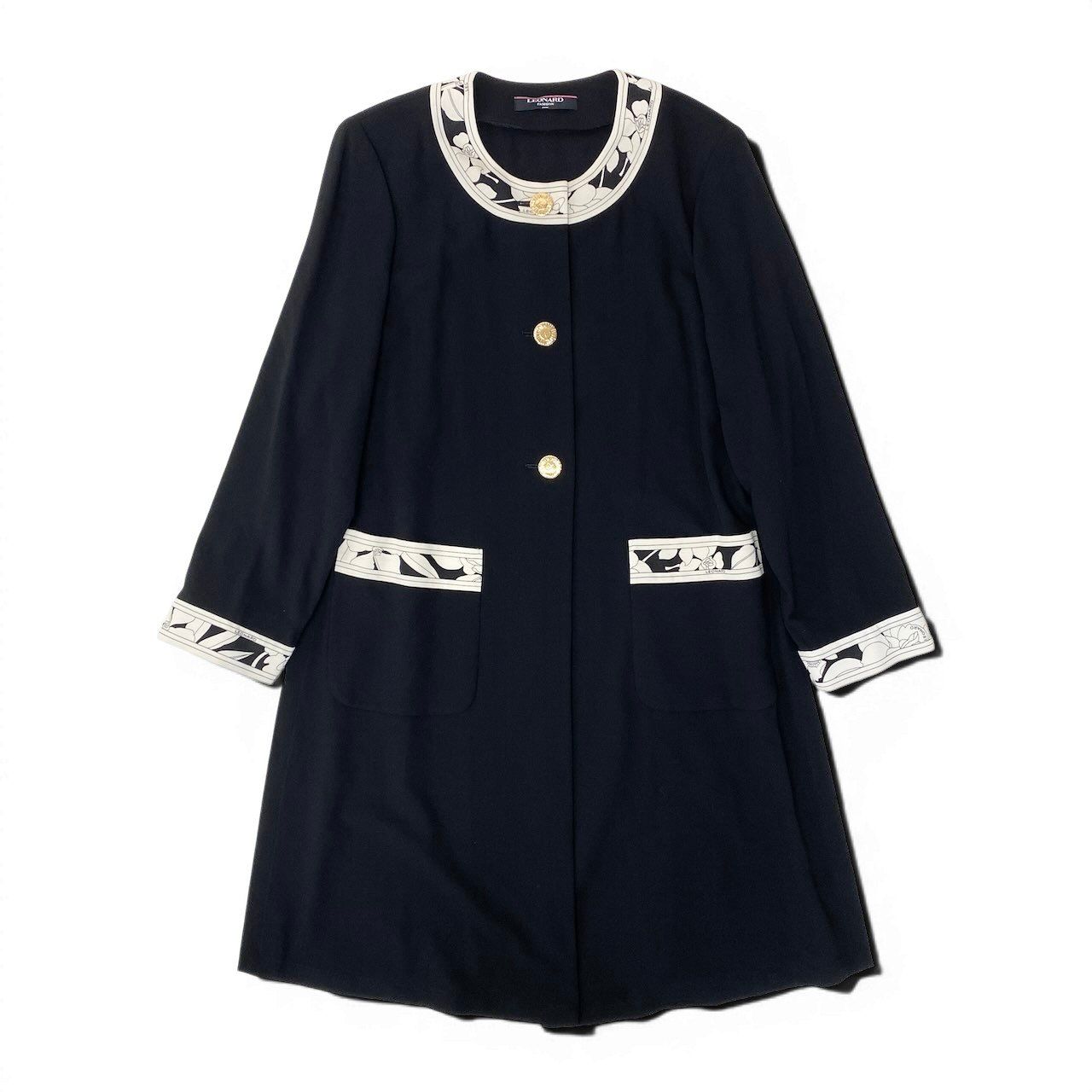37e28 LEONARD FASHION レオナール ノーカラーコート ロングコート ロゴ金ボタン 花柄プリント 薄手 9R ブラック ウール シルク レディース 女性服o07t