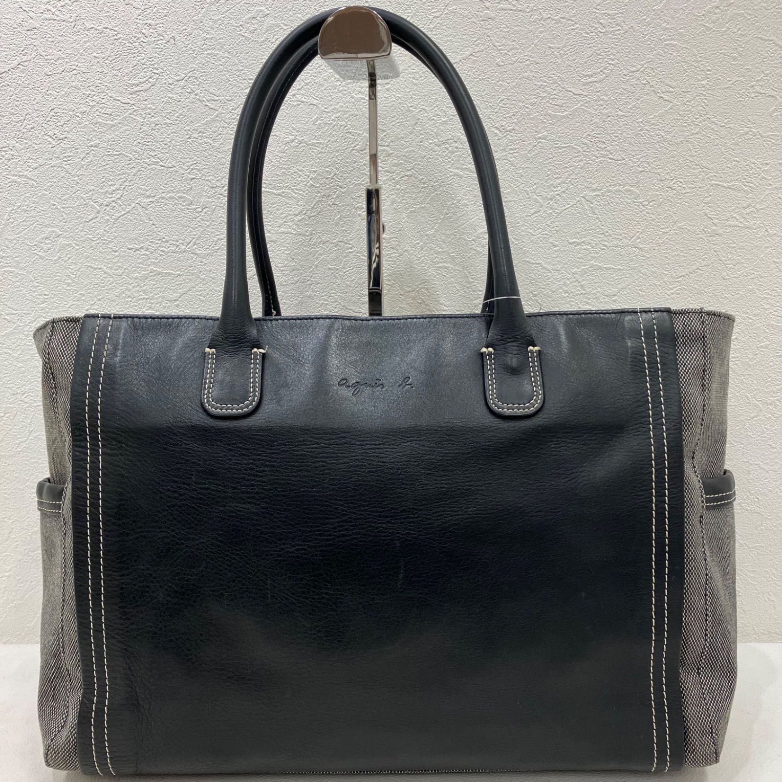 3616　agnes b.Voyage　アニエスベーボヤージュ　 トートバッグ　グレー×ブラック系　レザー　 ロゴ　レディース