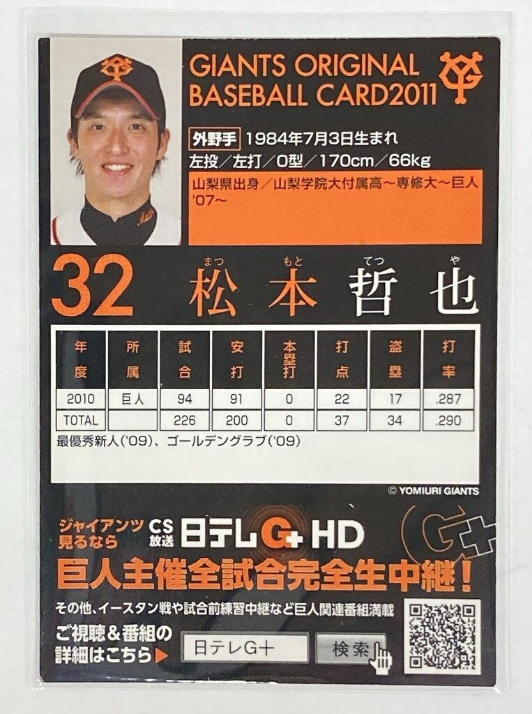 読売ジャイアンツ GIANTS ORIGINAL BASEBALL CARD 2011 松本哲也 直筆