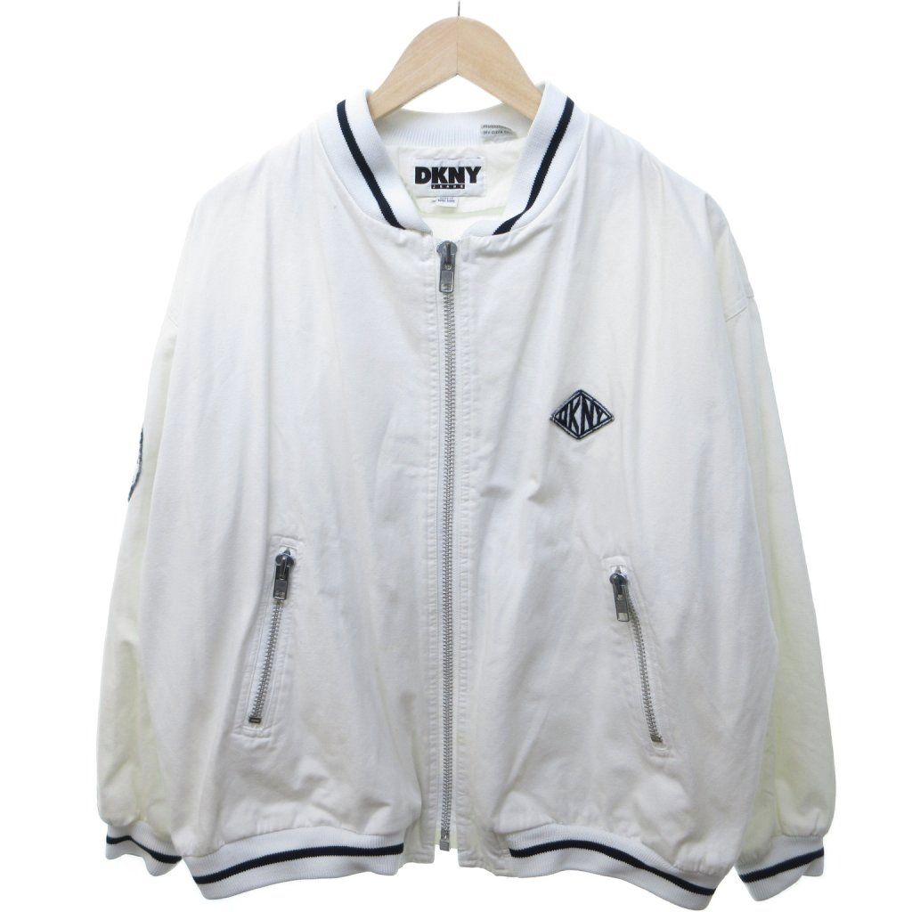 ダナキャランニューヨーク DKNY ブルゾン バーシティジャケット ジップアップ ロゴパッチ 白 ホワイト M /HW