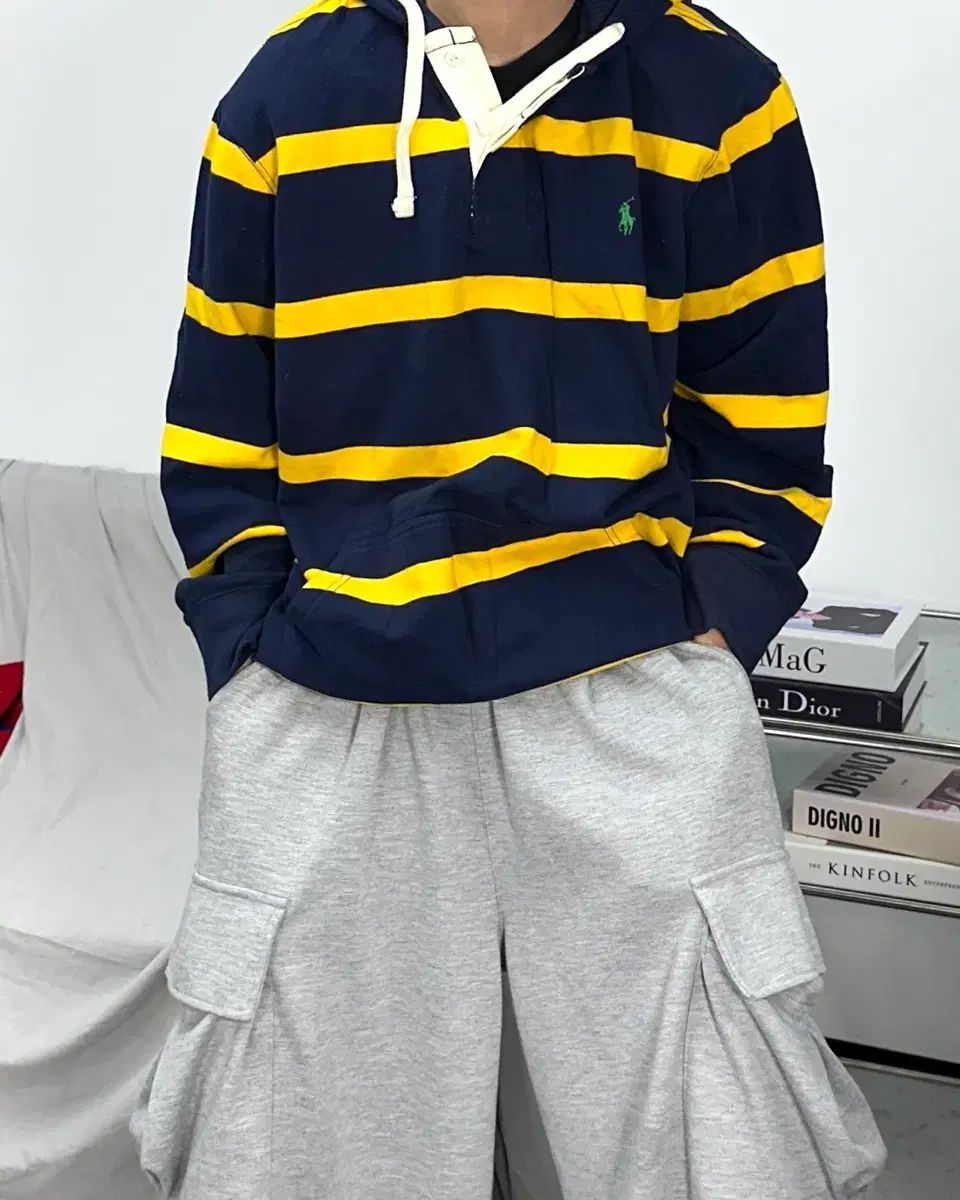 ポロラルフローレン ネイビー イエロー ラグビー フーディー Tシャツ XL