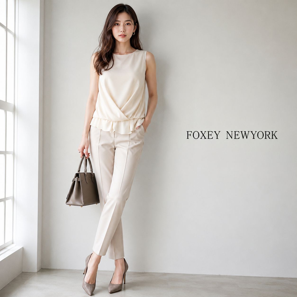 【未使用に近い】FOXEY NEW YORK /フォクシーニューヨーク ブラウス パウダーストレッチトップス 40「 M〜細めL（9〜11号）相当」サマー ウォッシャブル 春夏コーデ　オフィスカジュアル お食事会 女子会コーデ
