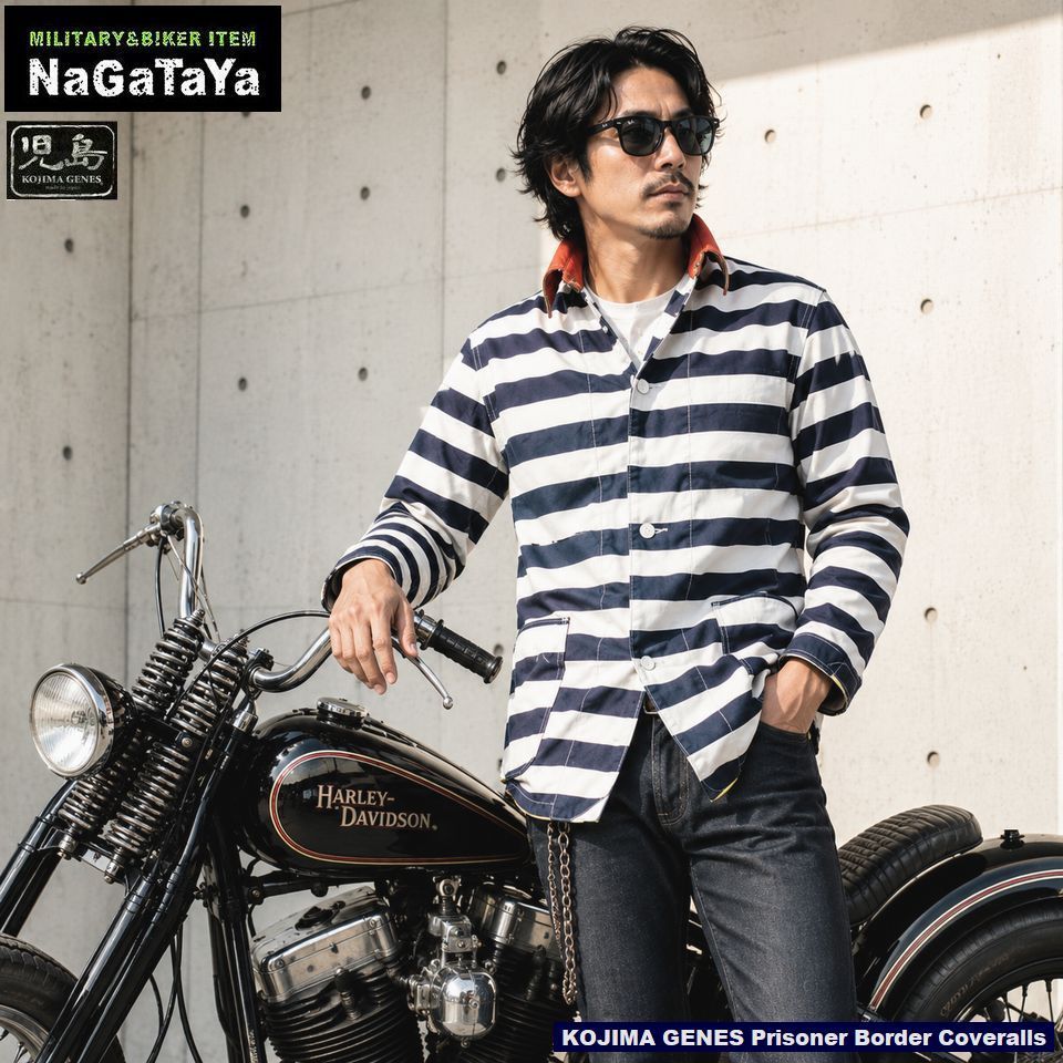 児島ジーンズ KOJIMA GENES プリズナー ボーダーカバーオール オフシロ×ネイビー 囚人柄 Lサイズ RNB5050 日本製 MADE IN JAPAN