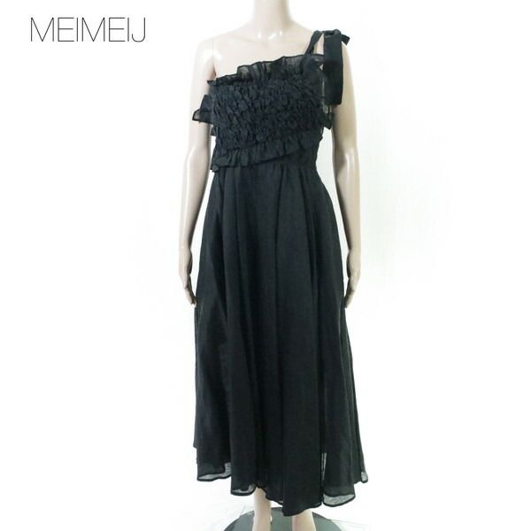 80%OFF 新品 メイメイジェイ MEIMEI J ワンピース 40 EOP1814 Mサイズ ブラック レディース ロングワンピース ワンショルダー リネン イタリア製