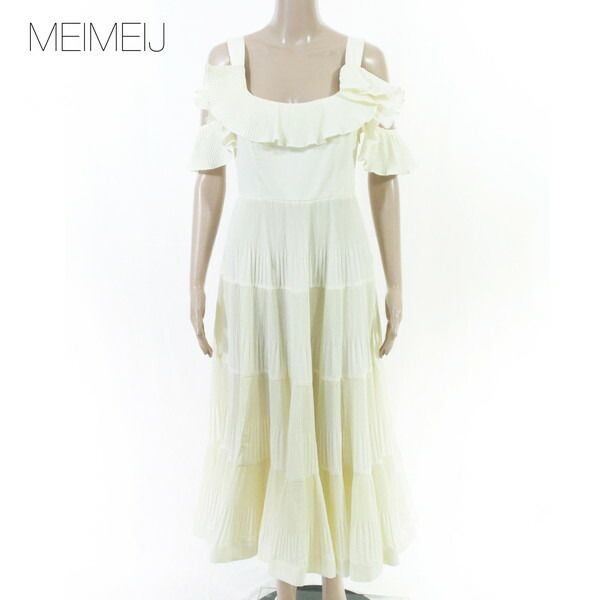 80%OFF 新品 メイメイジェイ MEIMEI J ワンピース 40 EOP1825 Mサイズ オフホワイト レディース ロングワンピース ドレス プリーツイタリア製