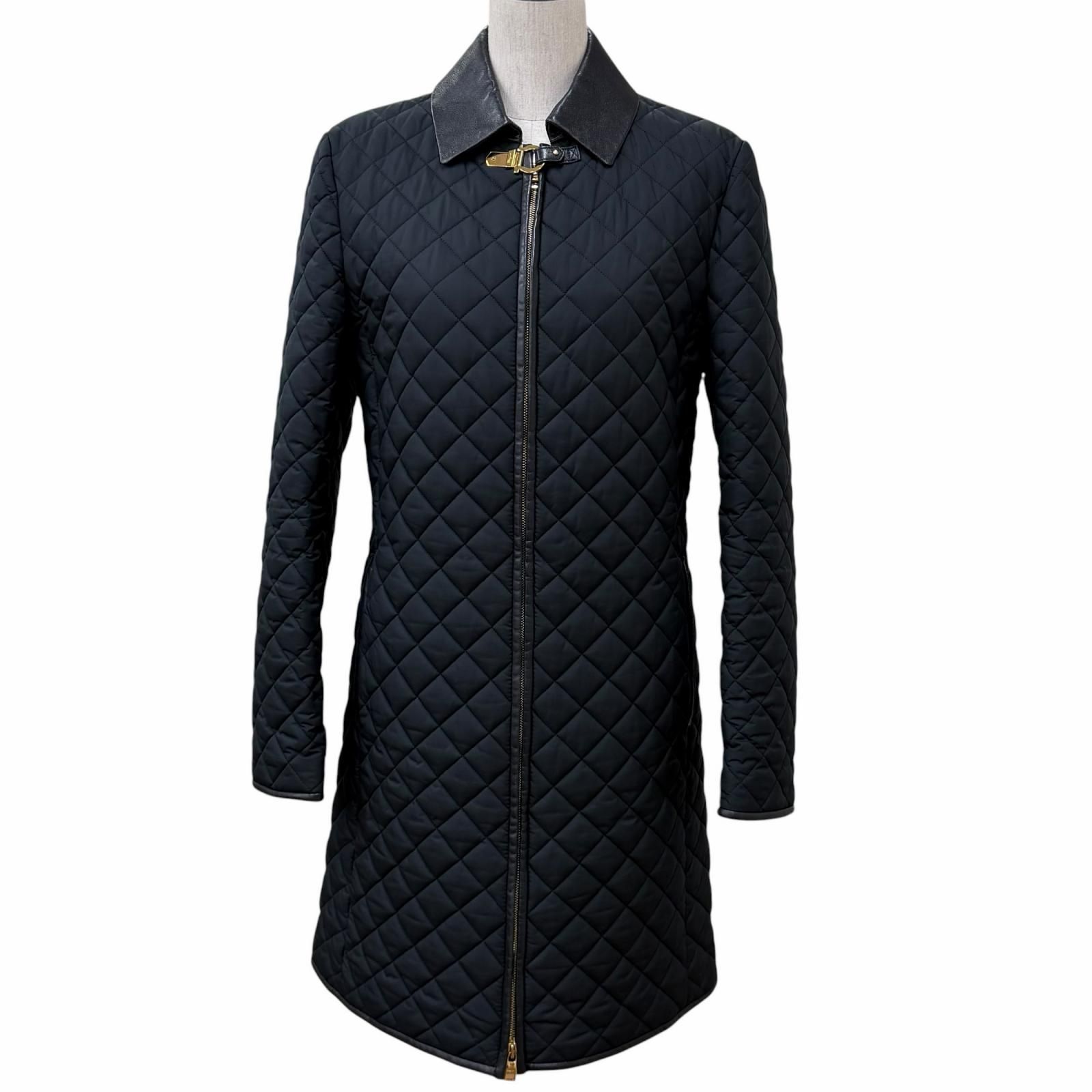 美品★Salvatore Ferragamo サルヴァトーレフェラガモ ガンチーニ金具 レザー使い キルティング コート ブラック 42 イタリア製 正規品 レディース