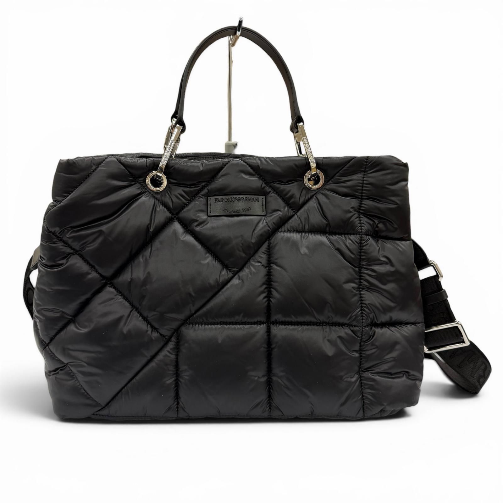 極美品◇EMPORIO ARMANI エンポリオ アルマーニ ポーチ付き ロゴショルダー キルティング レザーハンドル 2WAY ショルダー トートバッグ ブラック レディース