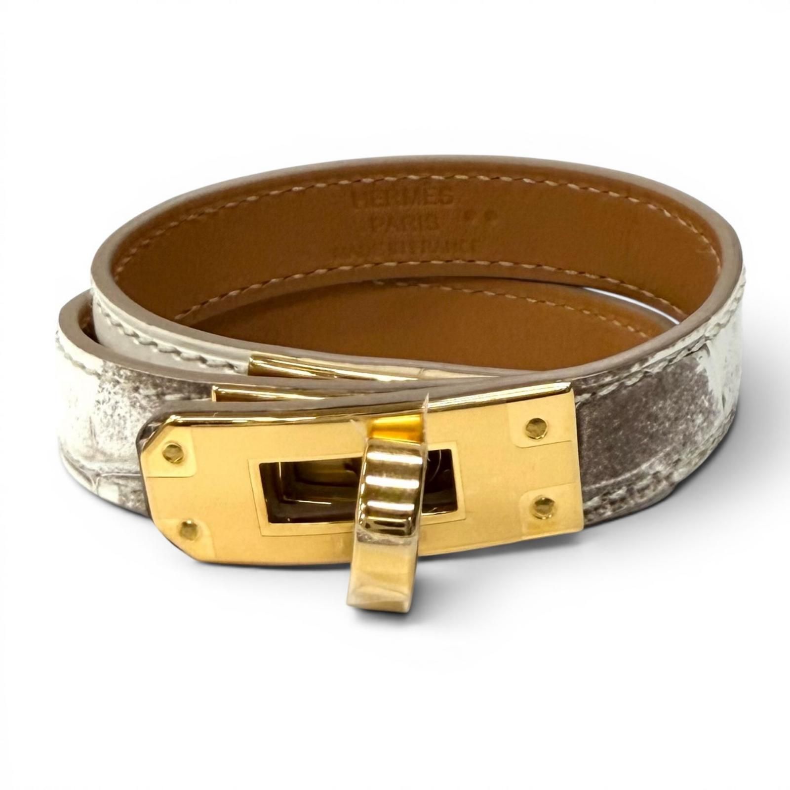 未使用品★HERMES エルメス ケリー ドゥブルトゥール ヒマラヤ ブレスレット ゴールド金具 クロコダイル ニロティカスマット ホワイト ブラウン T2 W刻印 フランス製 レディース 保存袋付き