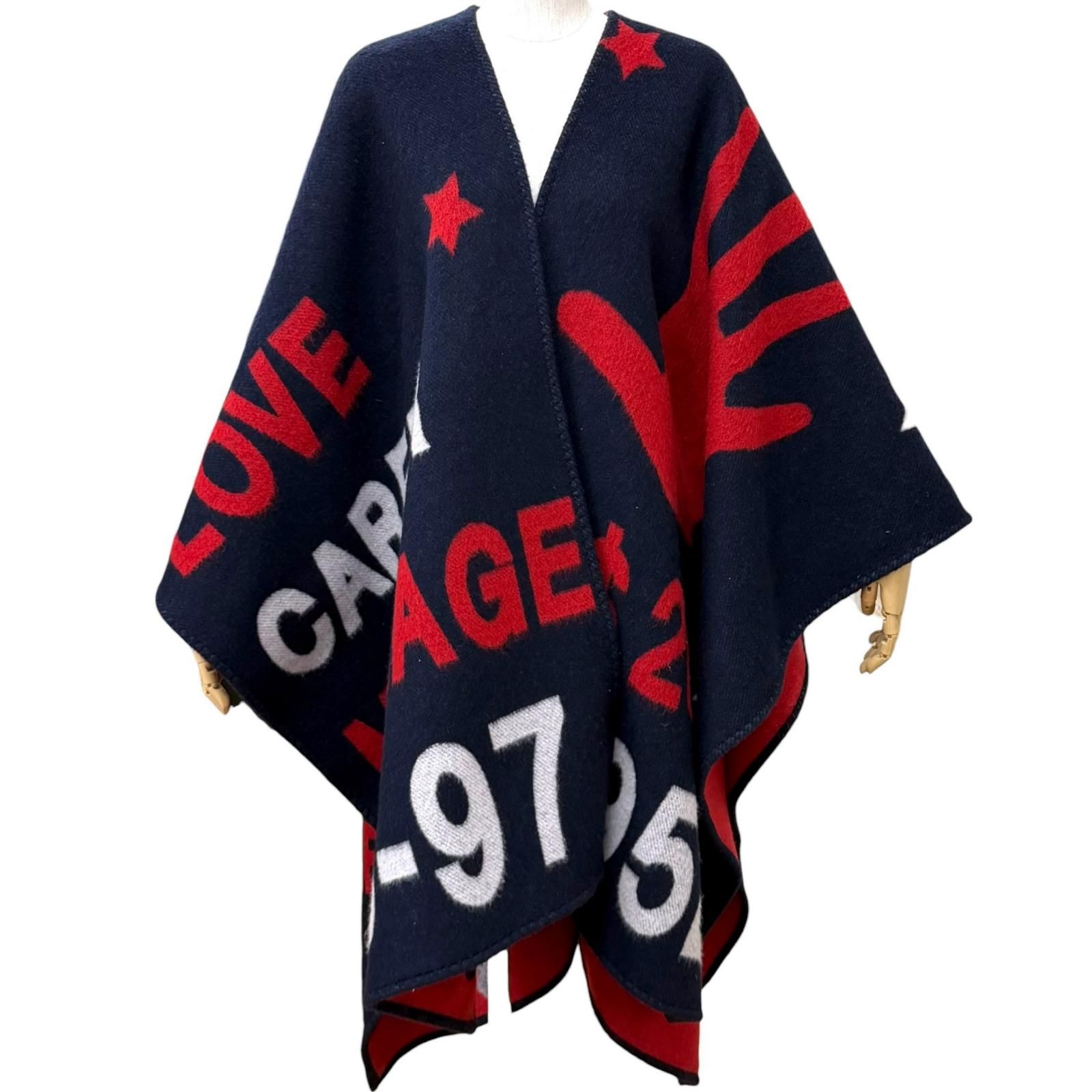 美品★MONCLER GENIUS 2 モンクレール ジーニアス 2 20-21AW UNI PONCHO PSYCHIC ADVISER LOVE CAREER MARRIAGE ウール ポンチョ ネイビー レッド イタリア製 正規品 レディース