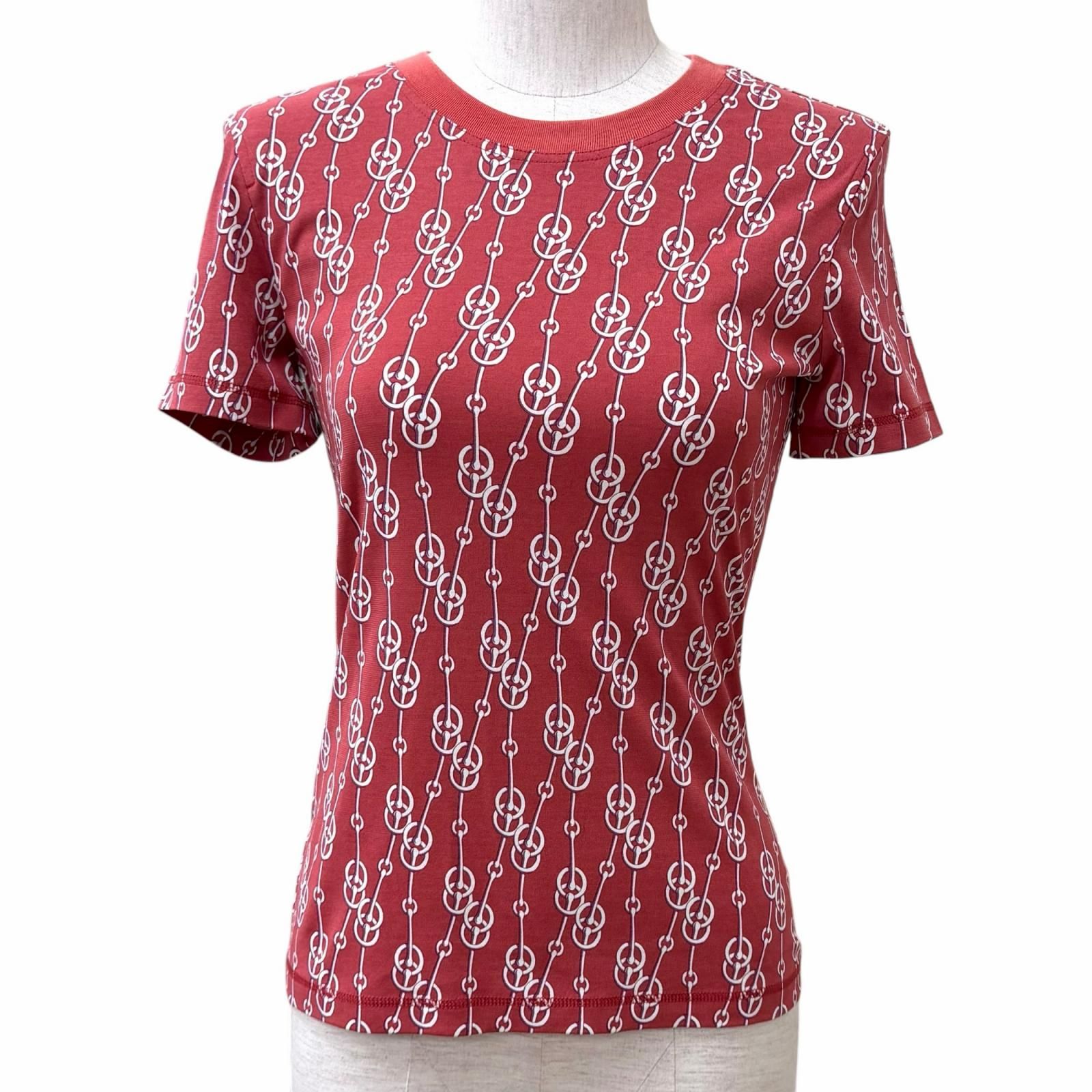 極美品★HERMES エルメス 22SS 2E4600DG コットン100% クリティケス 総柄 クルーネック 半袖Tシャツ レッド系 36 フランス製 正規品 レディース