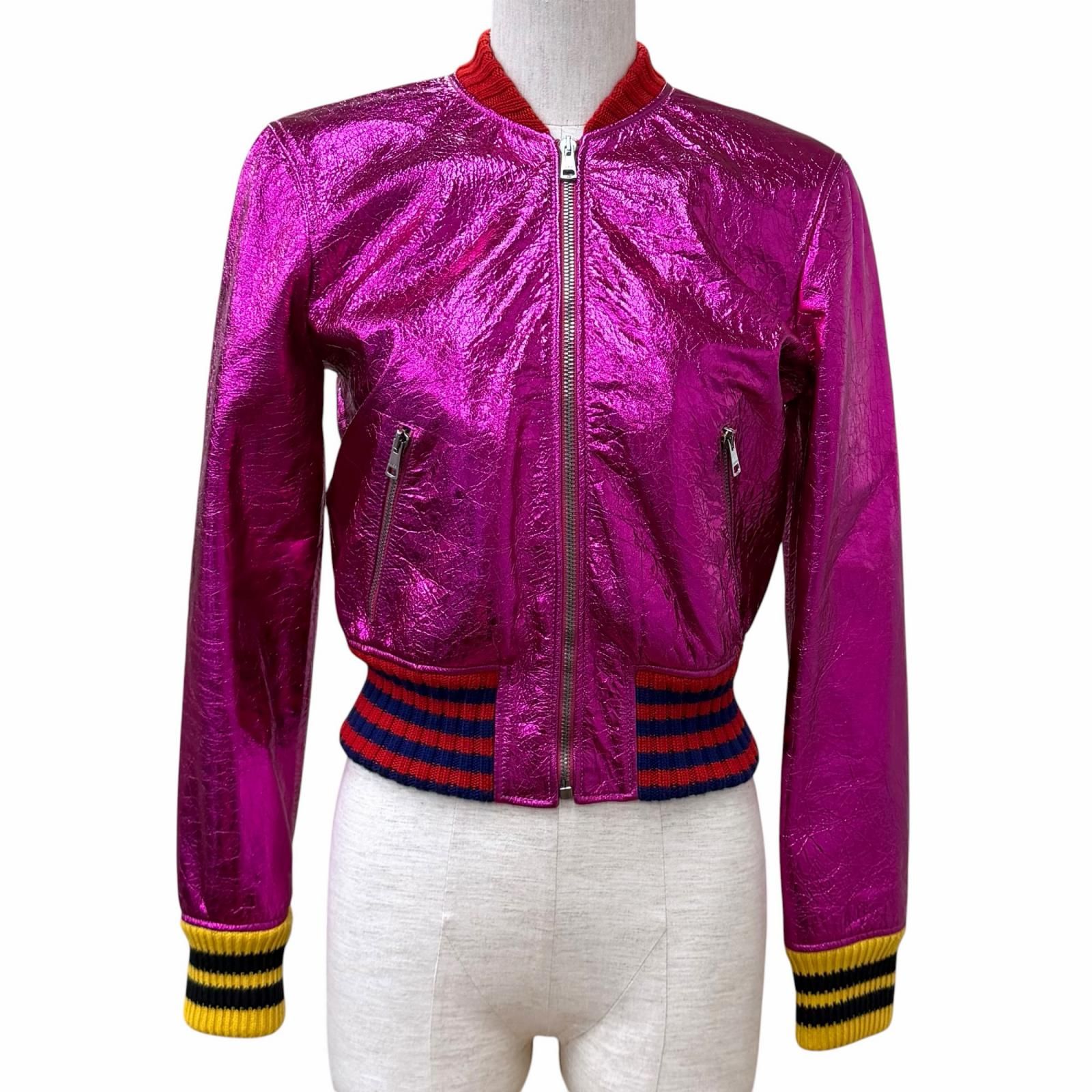 極美品★GUCCI グッチ 481483 ロゴZIP メタリック ラムレザー ボンバージャケット ピンク 36 イタリア製 正規品 レディース ハンガー付き