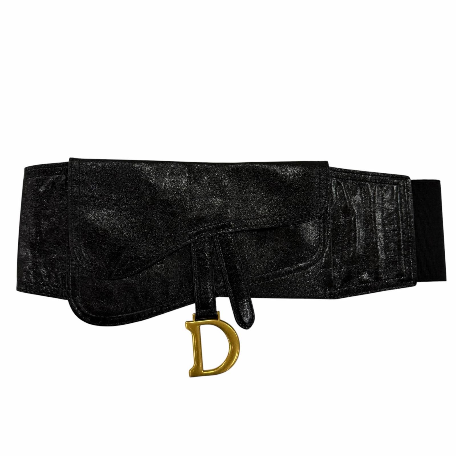 極美品☆Christian Dior クリスチャンディオール ヴィンテージ 35-MA-0169 ロゴ金具 サドル レザー ベルト ブラック ゴールド金具 レディース