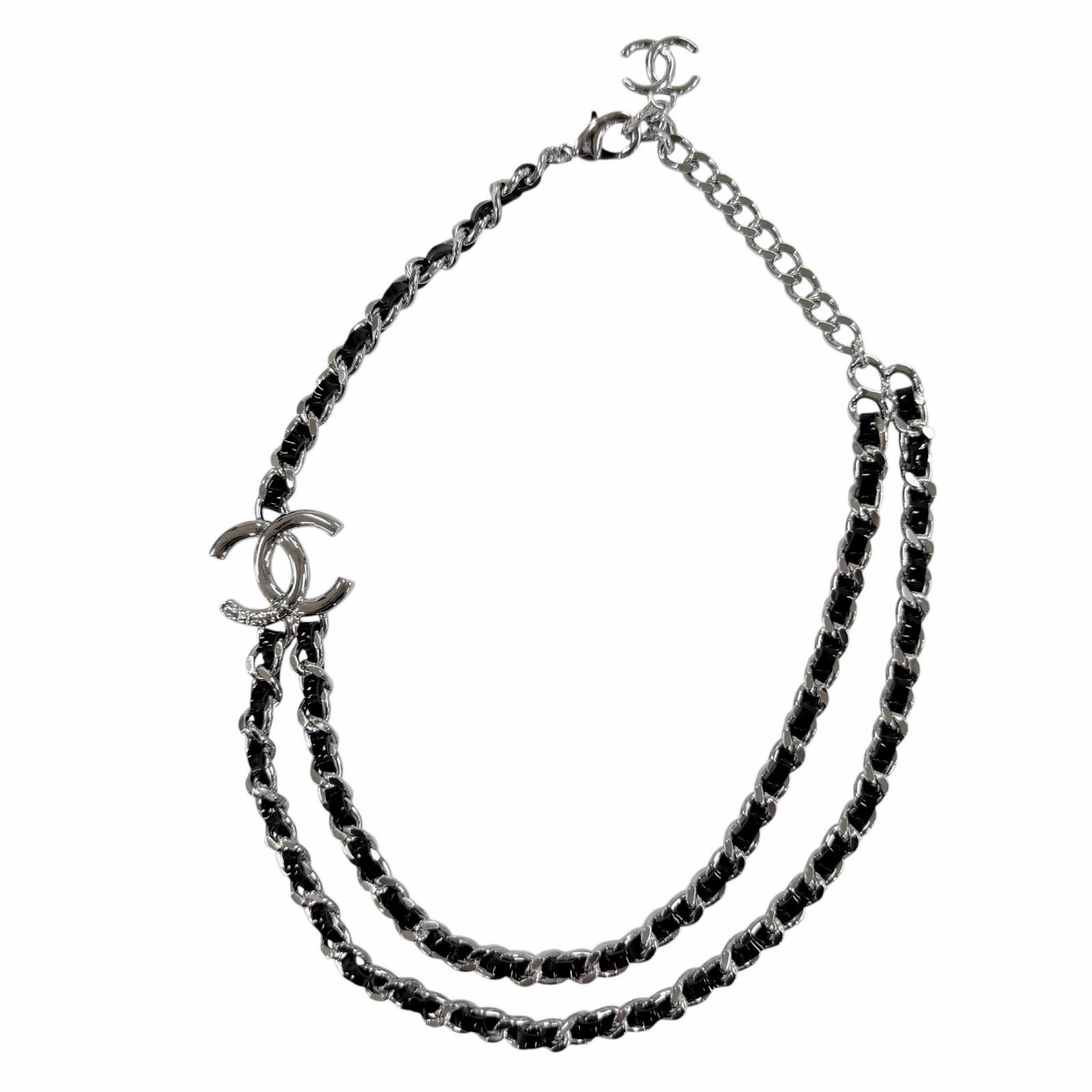 極美品☆CHANEL シャネル B25P ココマーク レザー チェーン ネックレス チョーカー アクセサリー シルバー ブラック イタリア製 レディース