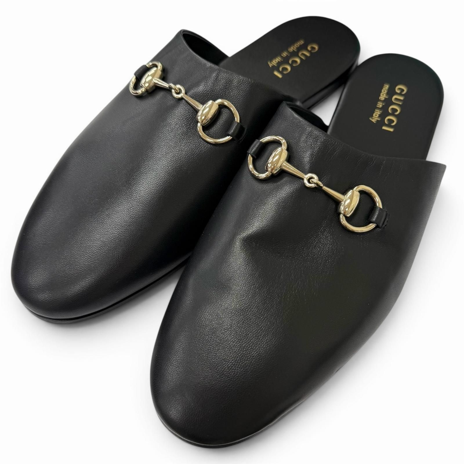 未使用品□GUCCI グッチ 850140 レザー ホースビット ゴールド金具 フラットシューズ ミュール サンダル ブラック 9 イタリア製 メンズ 箱付き