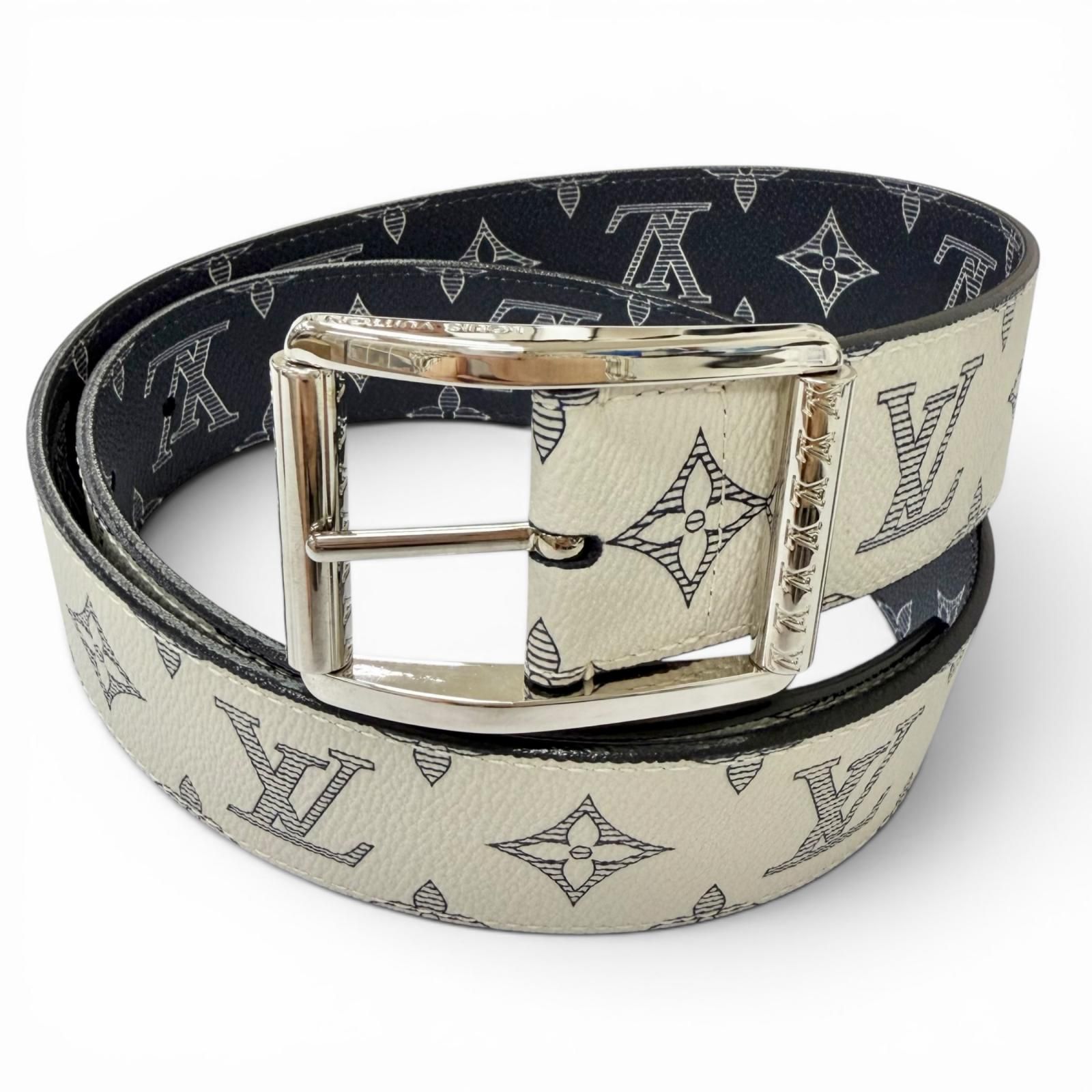 極美品□LOUIS VUITTON ルイヴィトン MP010V サンチュール リヴェルソ レザー チャップマンブラザーズ モノグラム サバンナ ベルト ネイビー アイボリー スペイン製 メンズ 保存袋付き