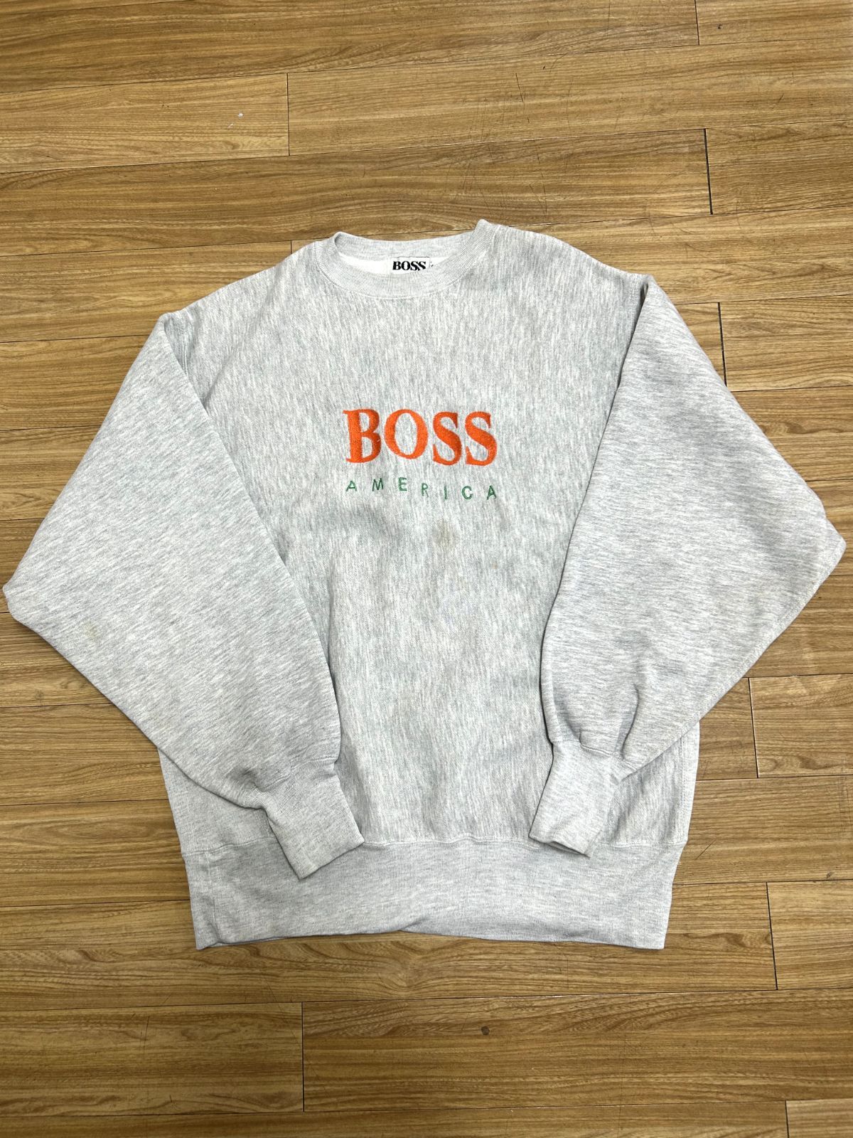 古着 メンズリバースウィーブ スウェット BOSS AMERICA ロゴ刺繍 USA ヴィンテージ XXLサイズ GRAY グレー オートミール 90s