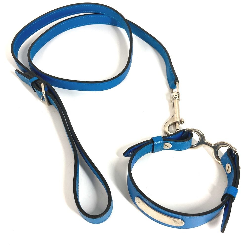 HERMES レザー　ブルー　犬用リード HERMES エルメス 首輪 ドッグカラー＆リード セット ペア レザー
