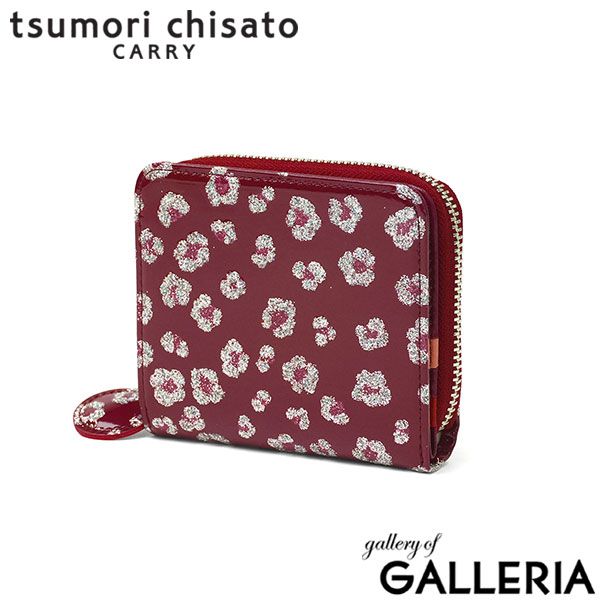 ツモリチサト 二つ折り財布 レディース ブランド tsumori chisato CARRY 財布 本革 革 大人 かわいい 二つ折 小銭入れ コンパクト 牛革 日本製 ファスナー エナメル グリッターフラワー ラウンド折財布 57858 ワインレッド