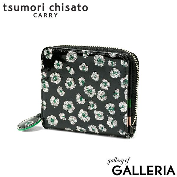ツモリチサト 二つ折り財布 レディース ブランド tsumori chisato CARRY 財布 本革 革 大人 かわいい 二つ折 小銭入れ コンパクト 牛革 日本製 ファスナー エナメル グリッターフラワー ラウンド折財布 57858 ブラック 14,652円