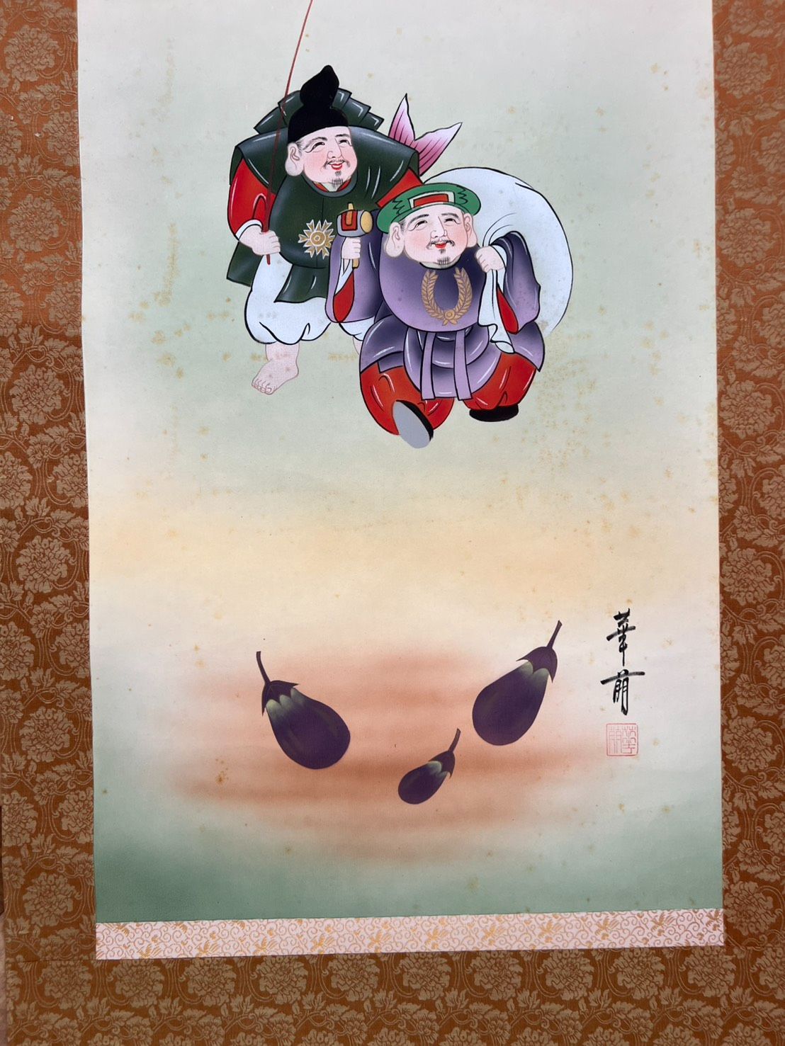 掛軸 七福神 富士 鶴 茄子 開運掛け軸 日本画 縁起物 肉筆 在銘 A232-0