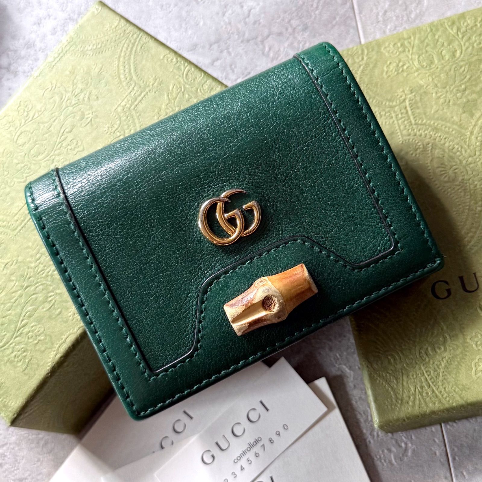 GUCCI グッチ コンパクトウォレット GGマーモント バンブー グリーン レザー 二つ折り財布 658244