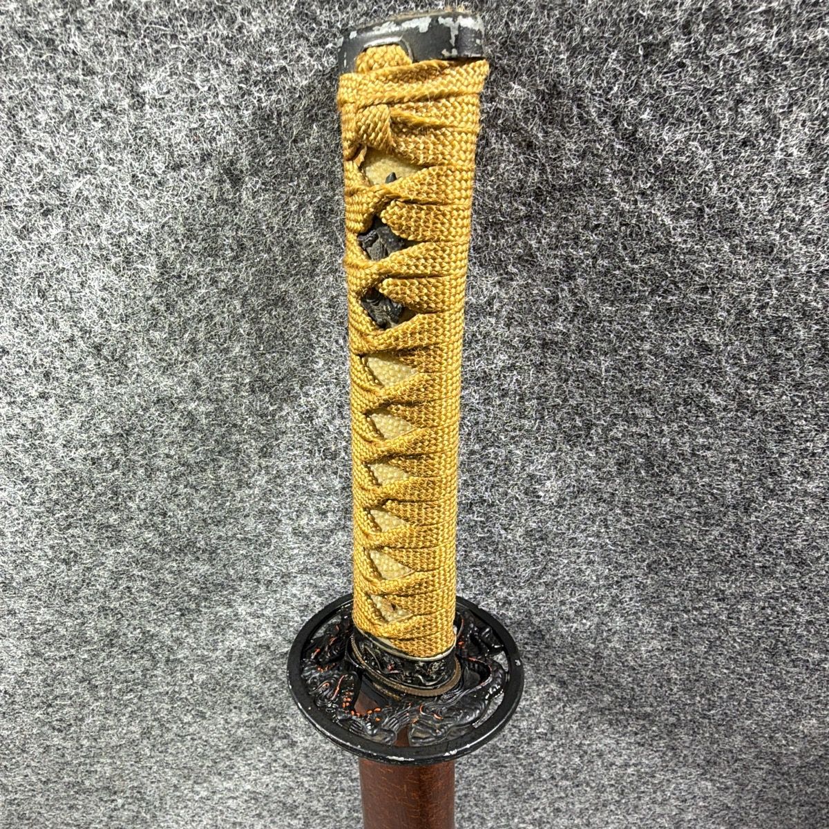 模造刀 模擬刀 脇差 全長約70cm 金茶糸巻 龍鍔 茶鞘 互の目刃文 居合