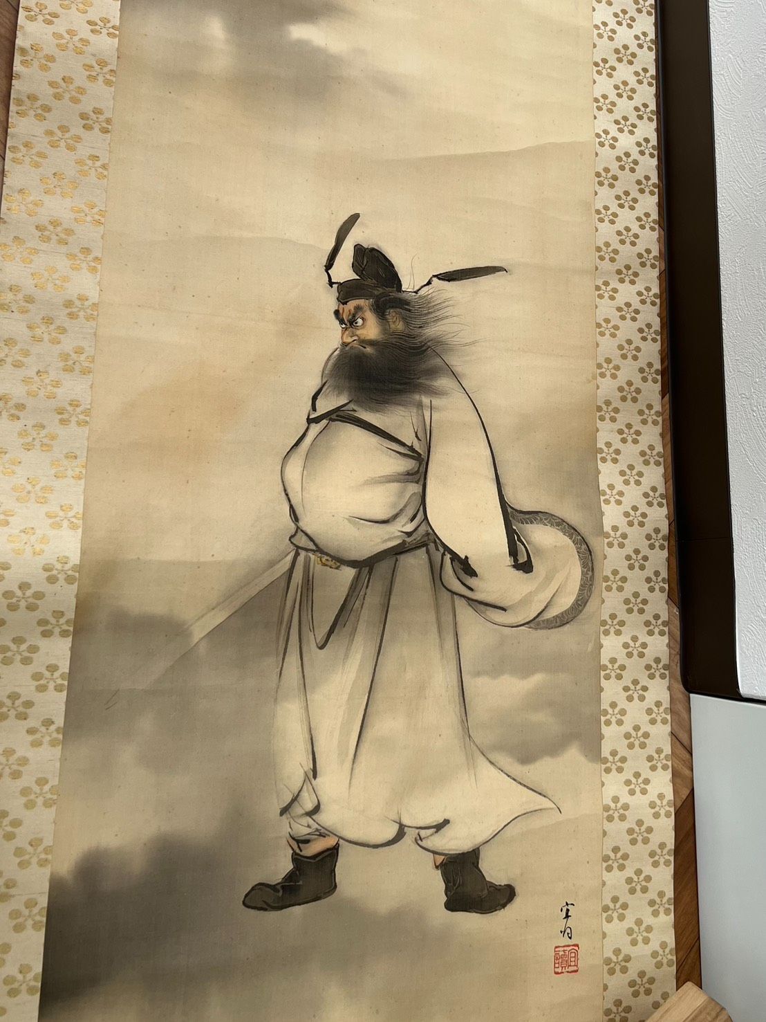掛軸 鍾馗図 肉筆 掛け軸 武者図 中国人物画 魔除け 縁起物 在銘 古