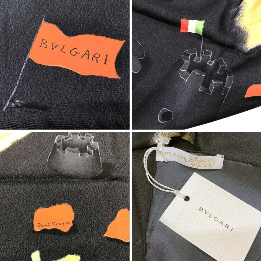BVLGARI ブルガリ シルク スカーフ 砂浜 貝殻 スコップ ブラック 黒 未