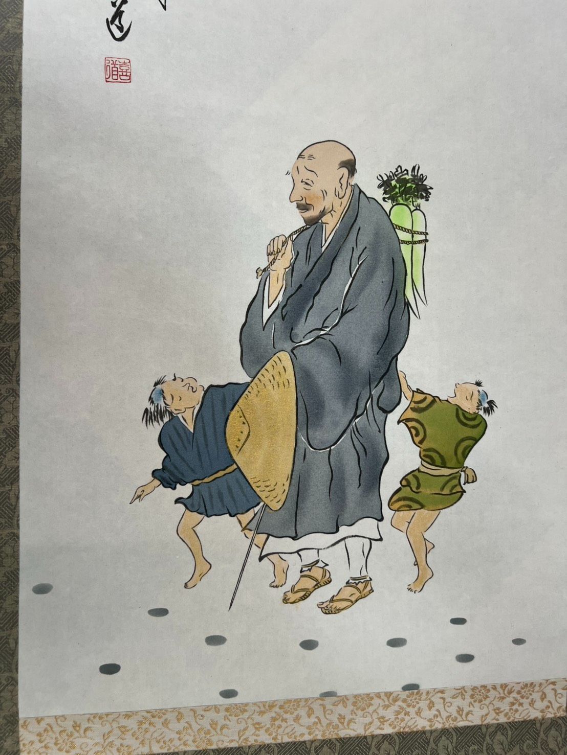 掛軸 人物画 寒山拾得図 肉筆 掛け軸 禅画 中国人物 在銘 仏教美術 古