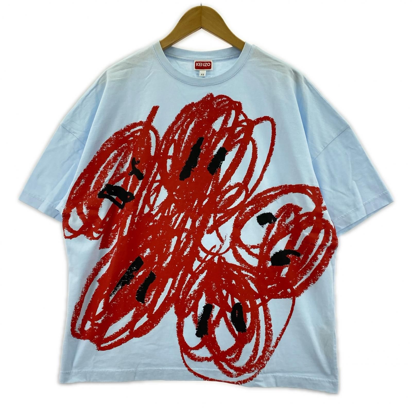 KENZO DRAWN VARSITY EMBROIDERED Tｼｬﾂ ﾌﾞﾙｰ XS 汚れ有 FE55TS