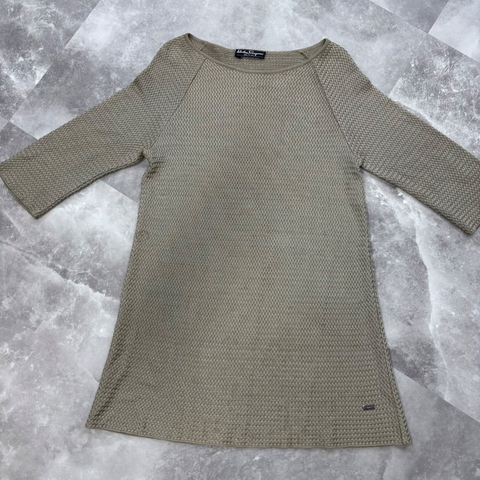 (o) Salvatore Ferragamo ニットワンピース 七分袖 ベージュ/1725