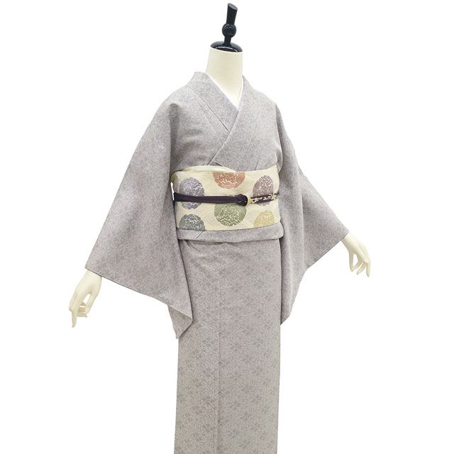 新古品】 御召 着物 未使用 正絹 袷 お召 先染め 薄梅鼠色 灰紫 若松 